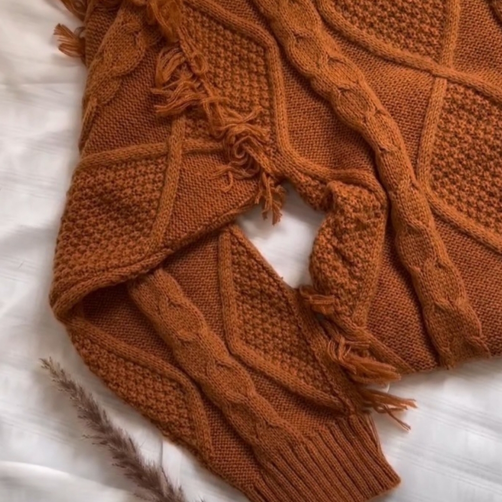 Haptics Orange Cable Knit Sweater with Fringe